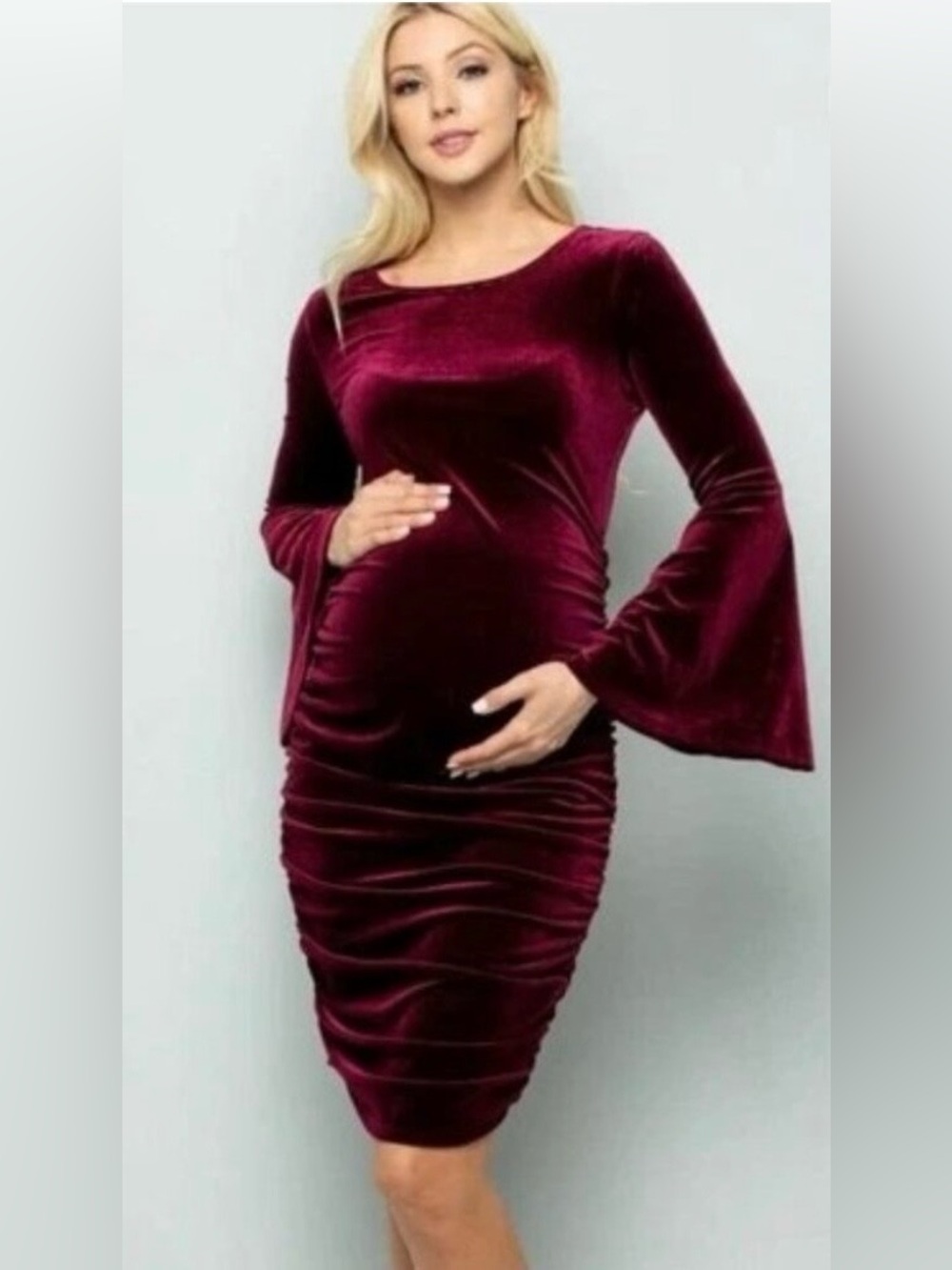 My Bump Velvet Maternity Midi Dress Burgundy M Bell Sleeve